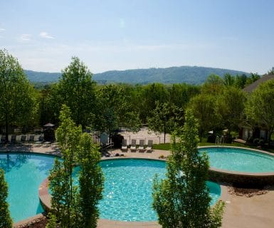 3-tier resort style swimming pool at Woodlands of Charlottesville luxury apartments for lease